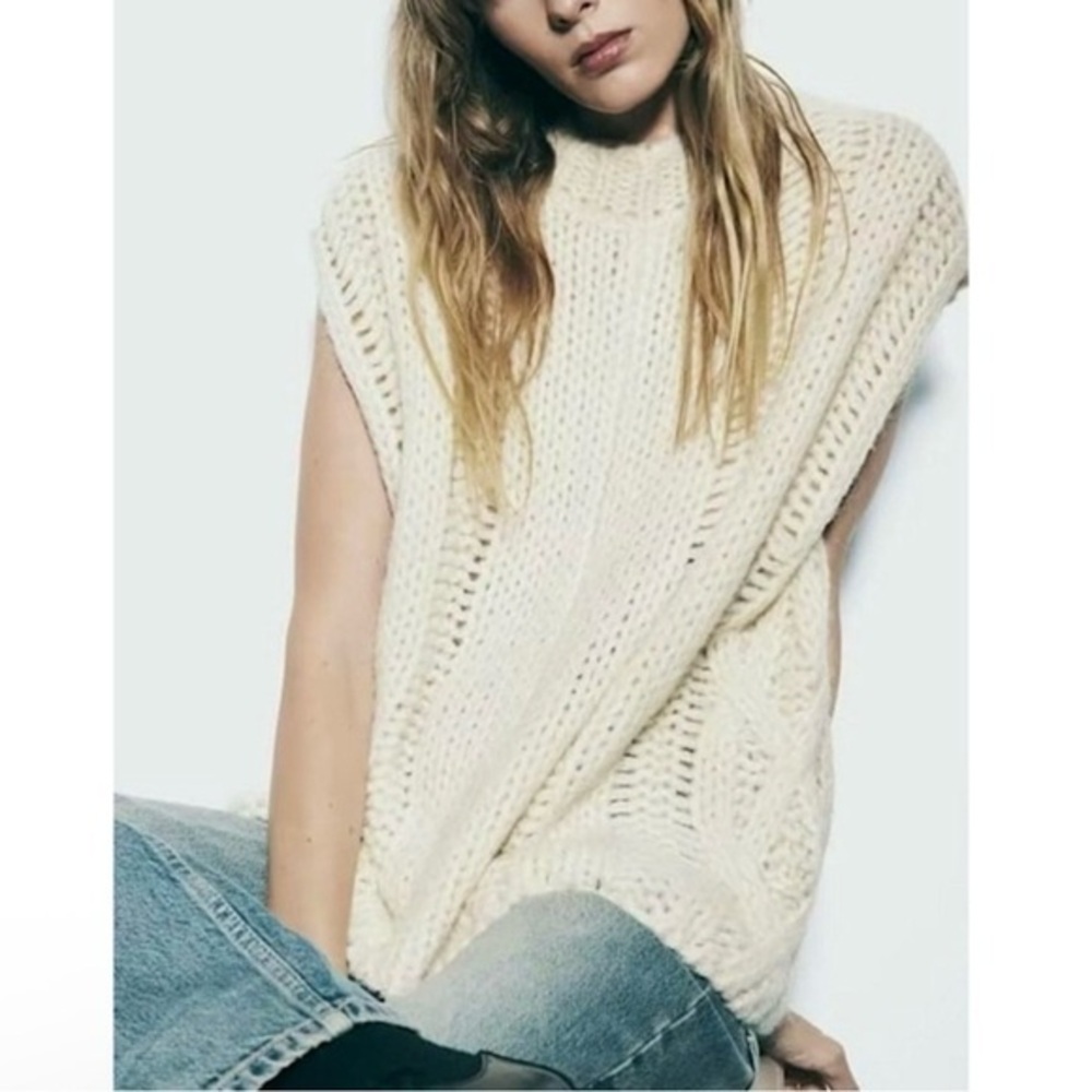 Zara‎ Cream Chunky Knit Wool Blend Sweater Vest Size Large
